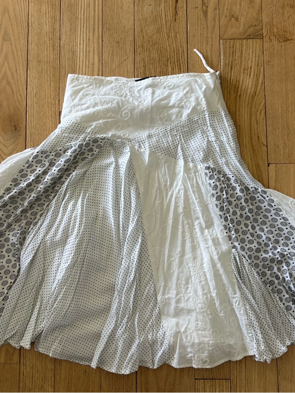 Embroidered White A-Line Midi Skirt with Printed Panels